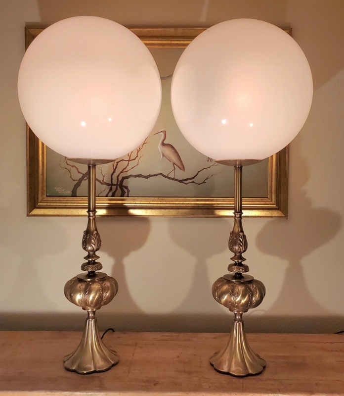 Pair of Vintage Hollywood Regency 1950s Rembrandt Tall Brass Globe Table  Lamps