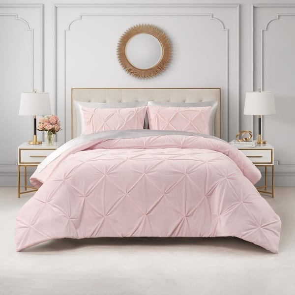 Pale Pink Kiss Pleat Comforter Set, Plush Micro-Mink for Glam Bedroom.