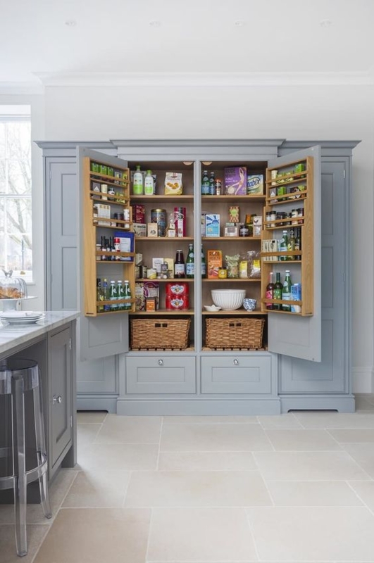 Pantry Cabinet Built-In Bifold Doors Integrated Lighting Farmhouse
