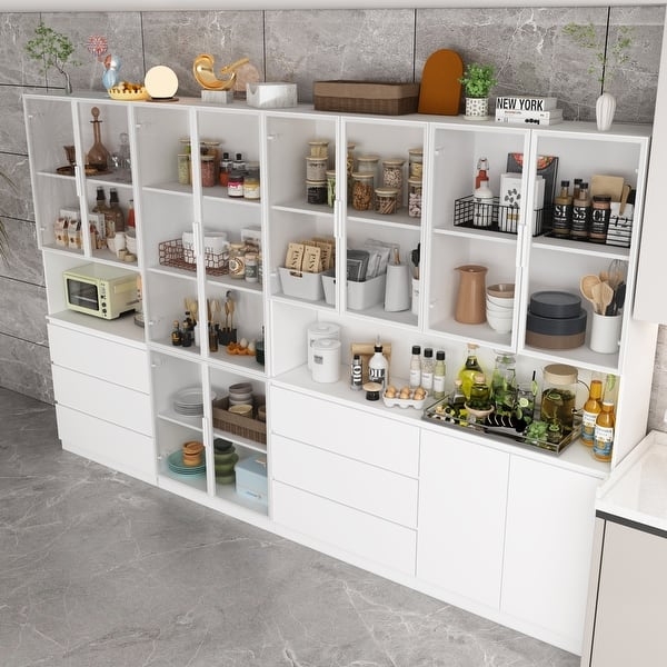 Pantry Cabinet Hutch Silhouette Glass Doors Open Display Niche