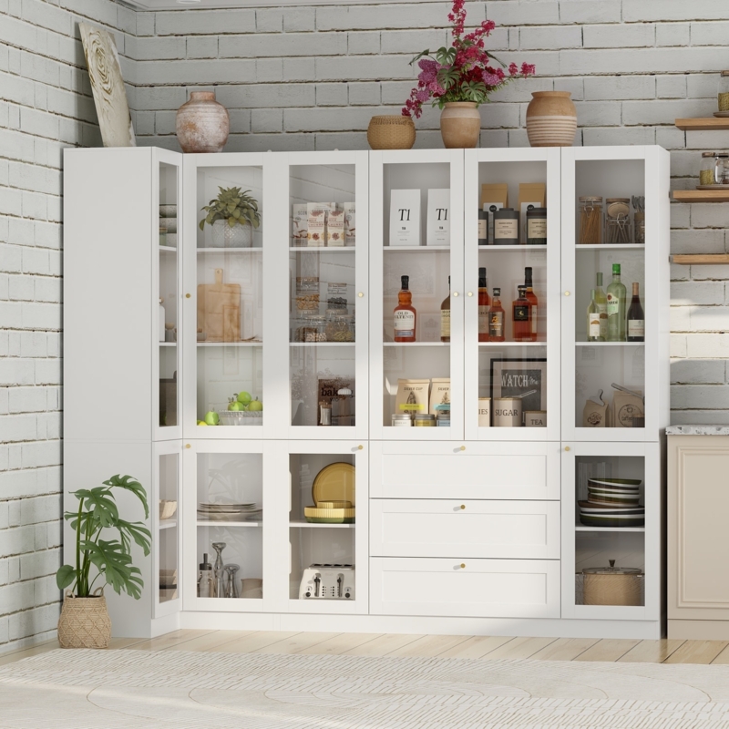 Pantry Cabinet Off-White Glass Front Coffee Bar Niche Farmhouse Hutch