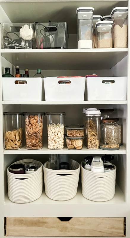 Pantry Shelving Light Wood with Woven Baskets and Acrylic Bins