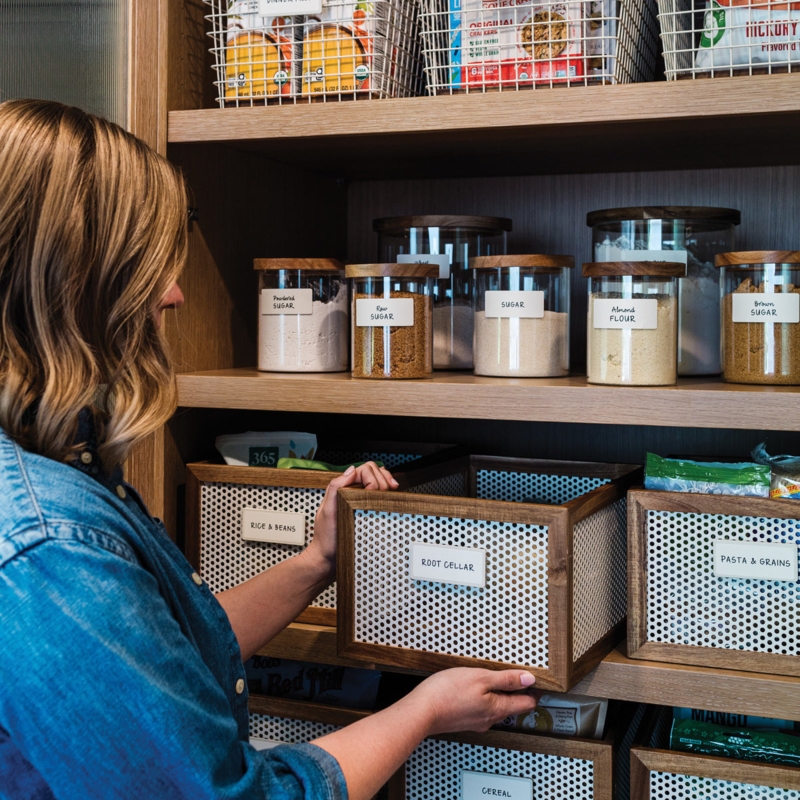Pantry Shelving with White Wire Shelving and Oversized Woven Baskets