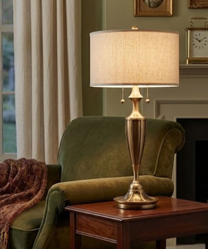 Pedestal Table Lamp: Burnished Turned Stem with Empire Shade
