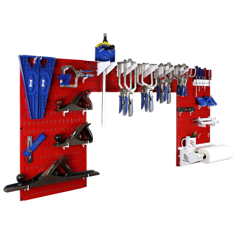 Pegboard Storage System Red Metal Panels White Contrast Workshop Organizer