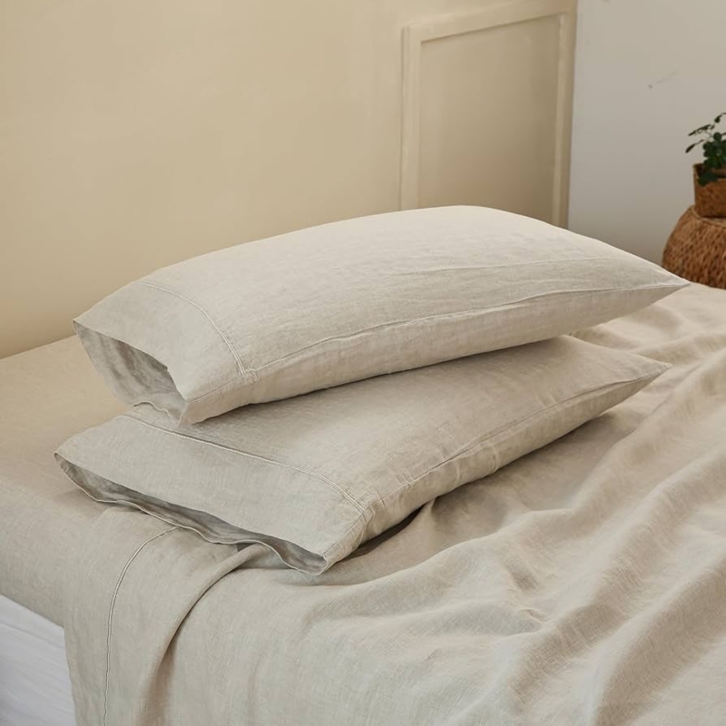 Pillowcase Charcoal Gray Embroidered Border Washed Linen Texture