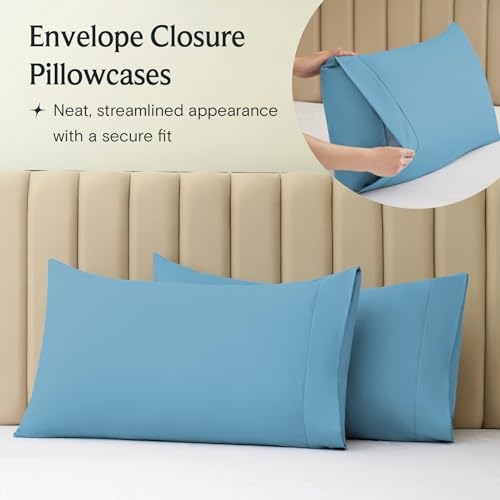 Pillowcase Pair Denim Blue Satin Trim Accent Modern Set