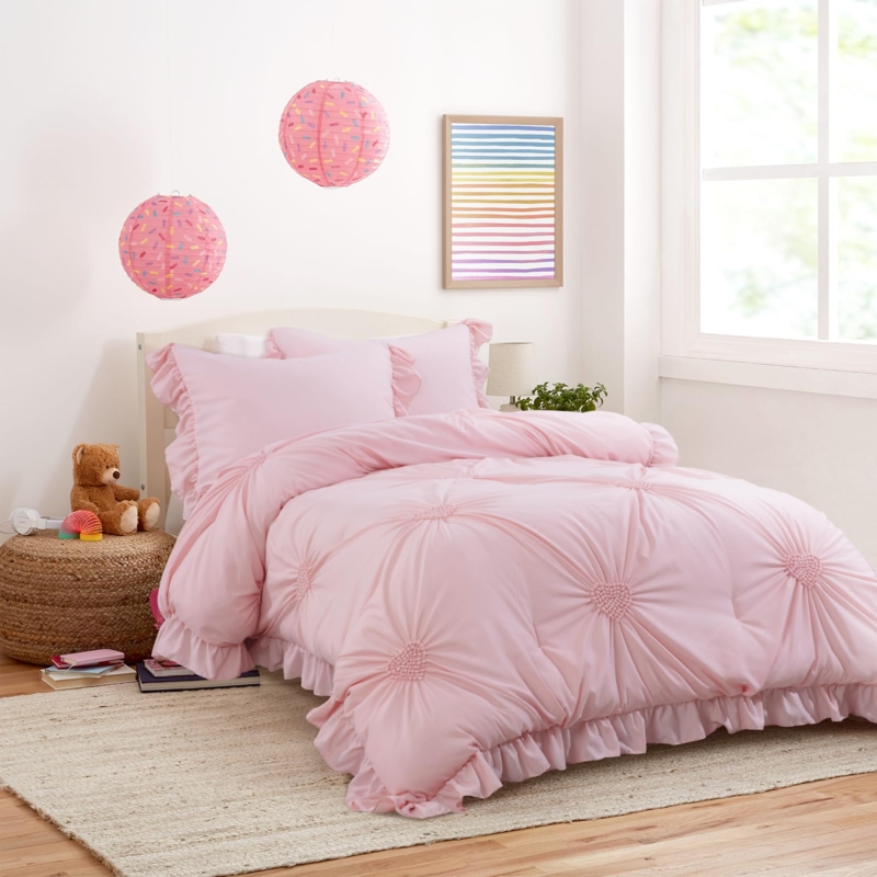 Pinch Pleat Blush Pink Comforter Set, Oversized Ruffles Shabby Chic.