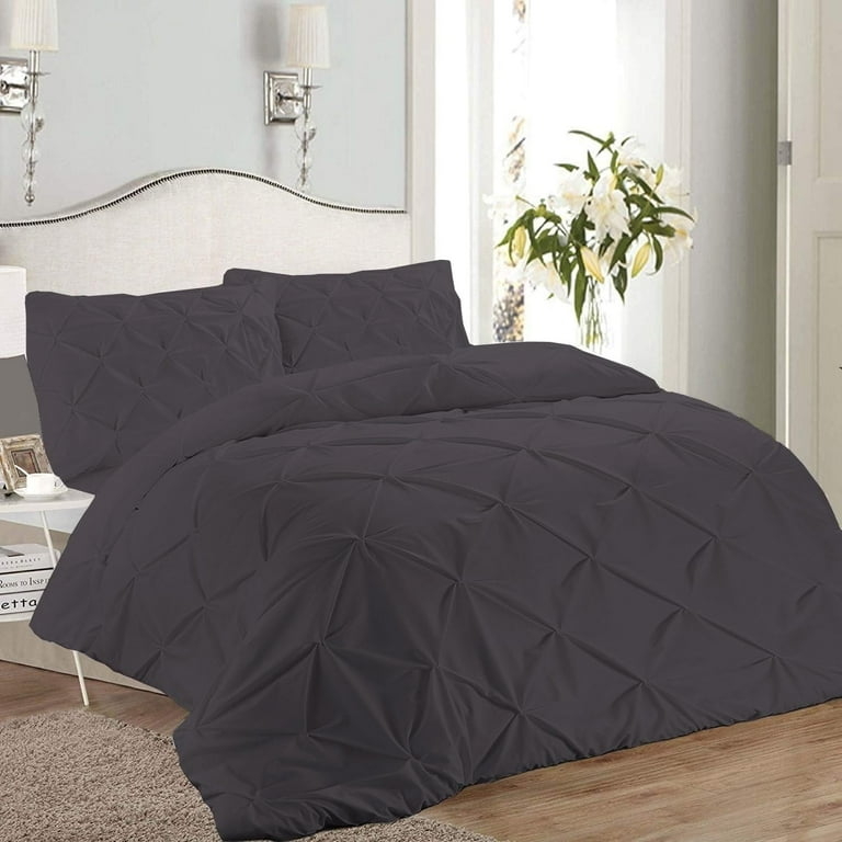 Pinch Pleat Duvet Cover Set, Dark Grey Contemporary Pintuck Bedding.
