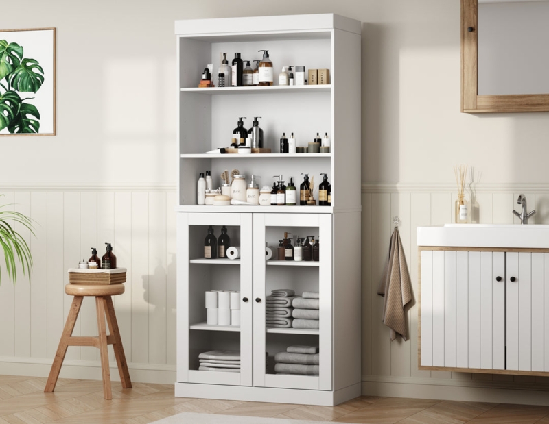 Pine Bathroom Storage Unit, Six Pane Glass Doors, Scandinavian Style
