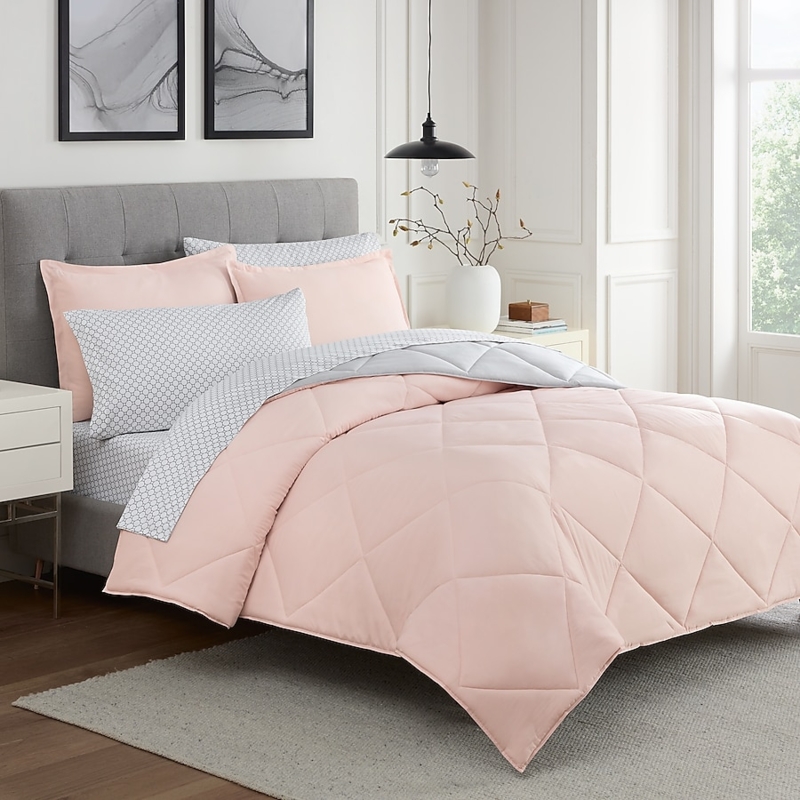 Pink and Gray Comforter Set, Geometric Print Reversible Design.