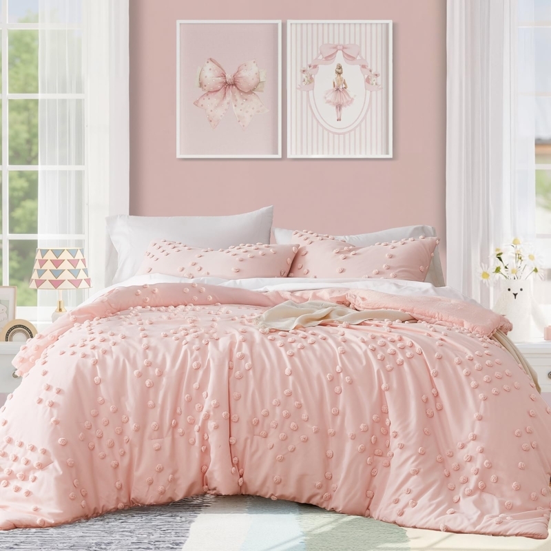 Pink Comforter Set with Playful White Pom Pom Tufts