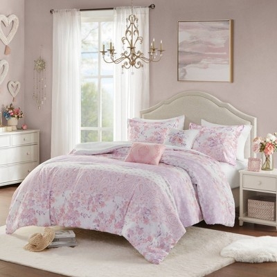 Pink Floral Paisley Comforter Set, Embroidered Accents for Boho Style.