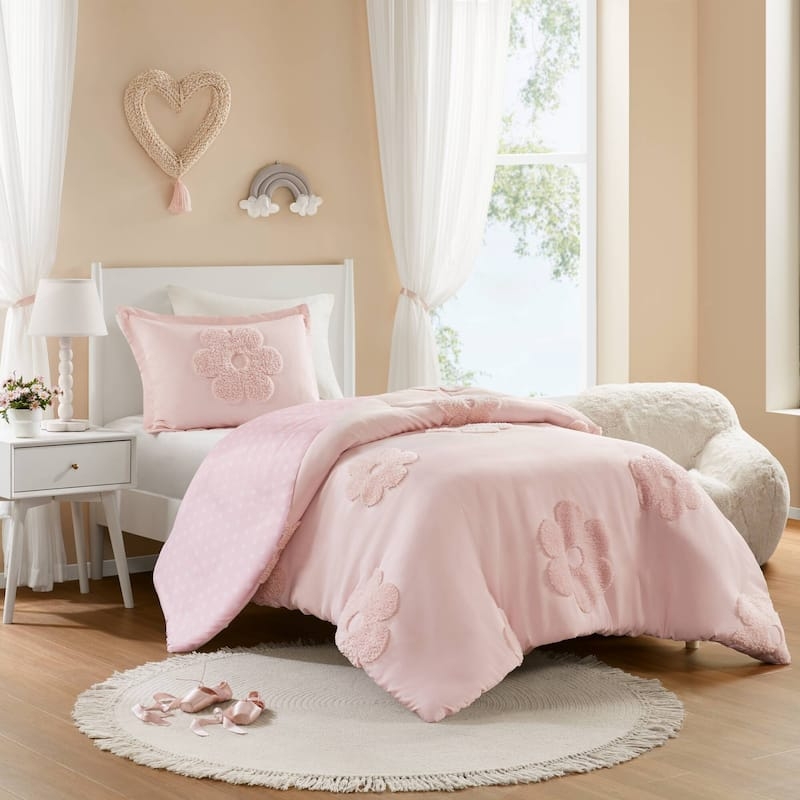 Pink Reversible Duvet Cover Set with Tufted Chenille Floral Pattern