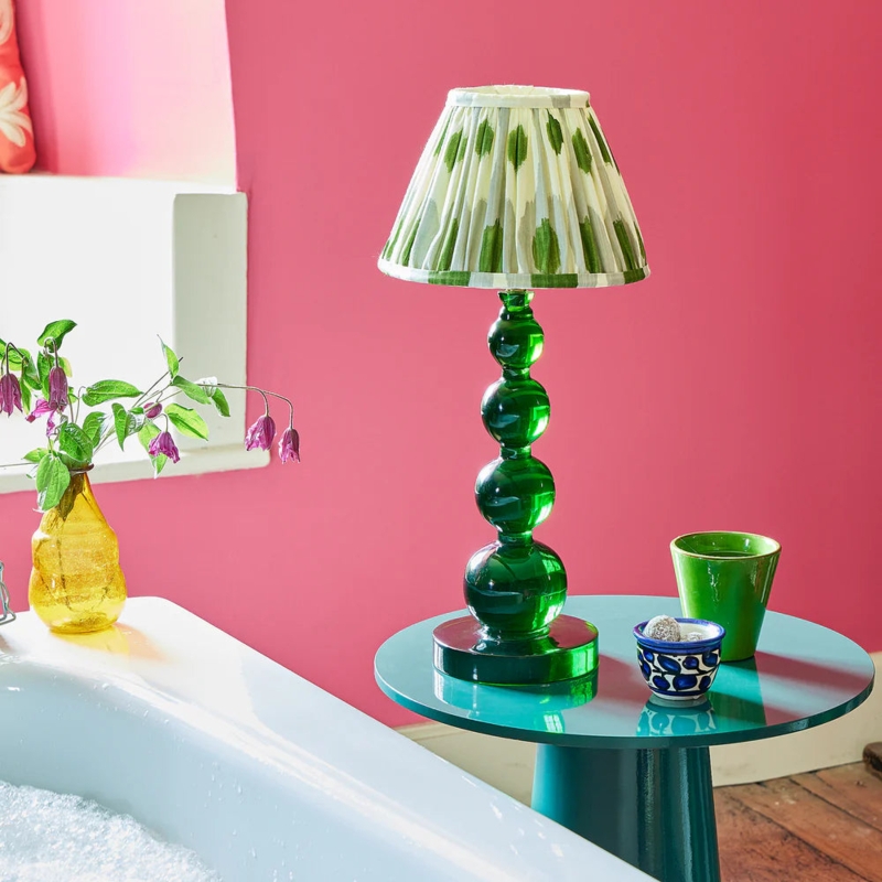 Pleated Patterned Lampshade Design, Green Ribbed Resin Base.