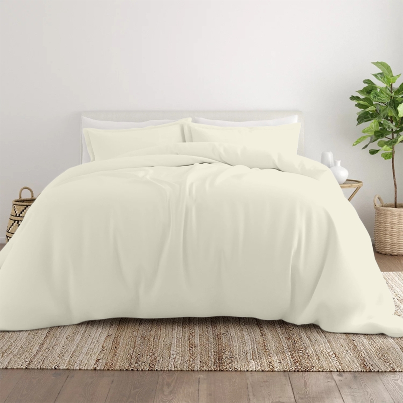 Pleated Ribbed Duvet Cover Set Ivory Woven Fabric Minimalist Style