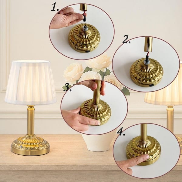 Pleated Shade Table Lamp Cordless Gold Ribbed Base Glam Style
