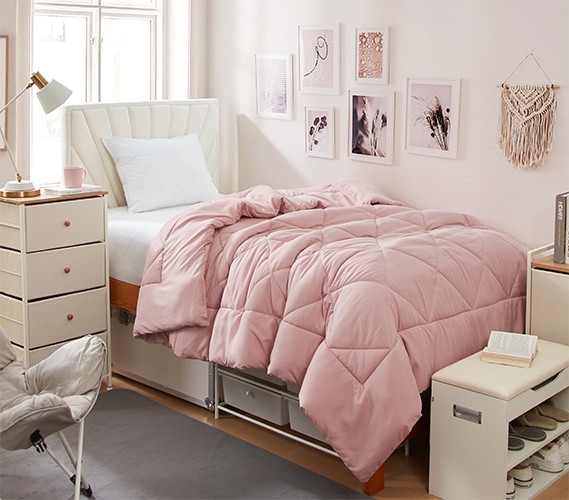 Plush Pink Overfilled Comforter Set, Silver Accents Transitional Dorm.