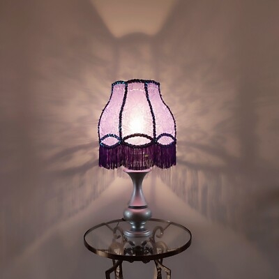 Polished Silver Table Lamp with Lilac Fabric Drum Shade