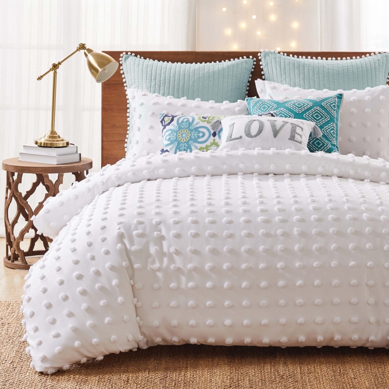 Pom Pom Trim Comforter Set Diamond Quilted Bohemian Diamond Pattern