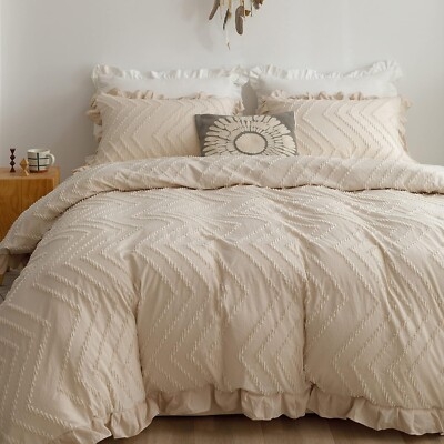 Puckered Tufted Duvet Cover Set Off-White Linen Look Serene Decor