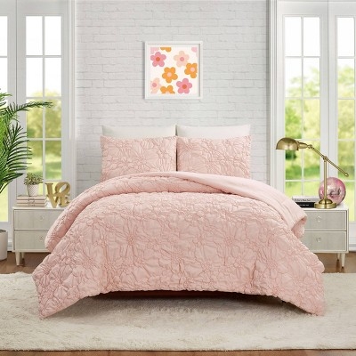Puffy 3D Floral Light Pink Comforter Set, Appliques Minimalist Style.