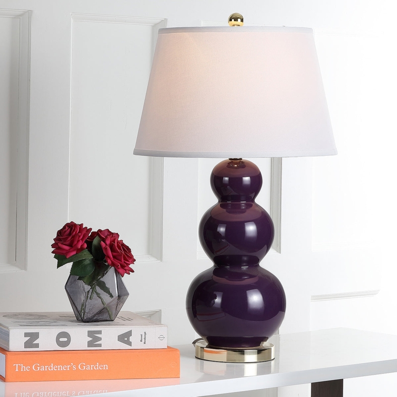 Purple Triple Gourd Ceramic Table Lamp with White Drum Shade