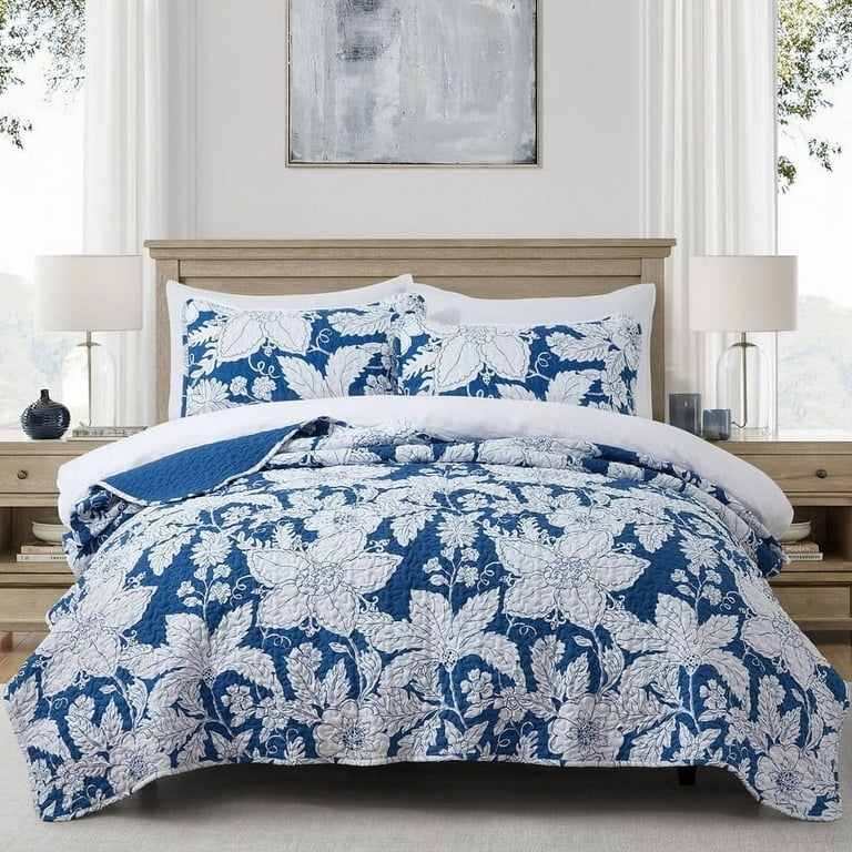 Quilt: Embossed Floral Pattern, Matte Finish, Navy Blue Floral Quilt Set