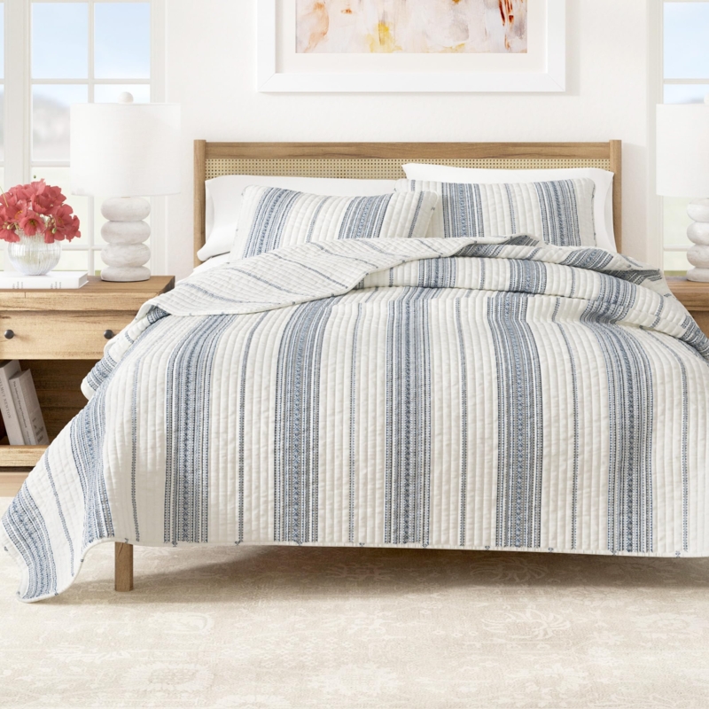Quilt Navy Horizontal Stripes Reversible Nautical Coastal Style