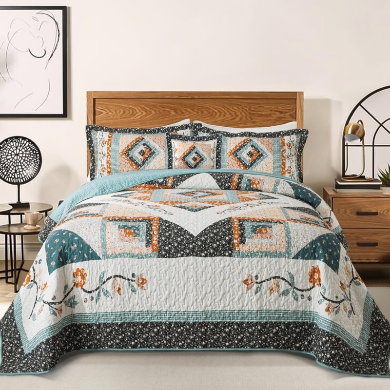 Quilt Set Blue Intricate Floral Vermicelli Stitch Garden Style