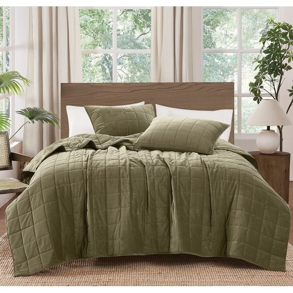 Quilt Set Charcoal Grey Matte Velvet Box Stitch Transitional Moody