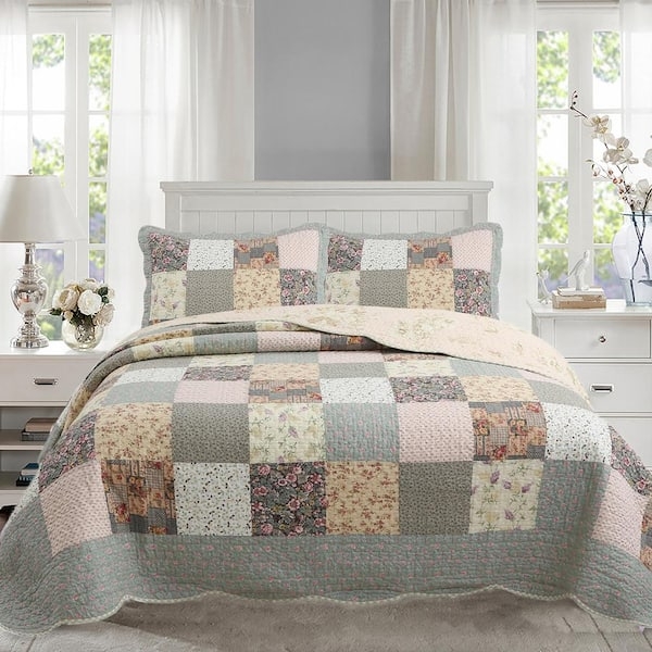 Quilt Set Country Chic Scalloped Patchwork Floral Print Cottage Bedding