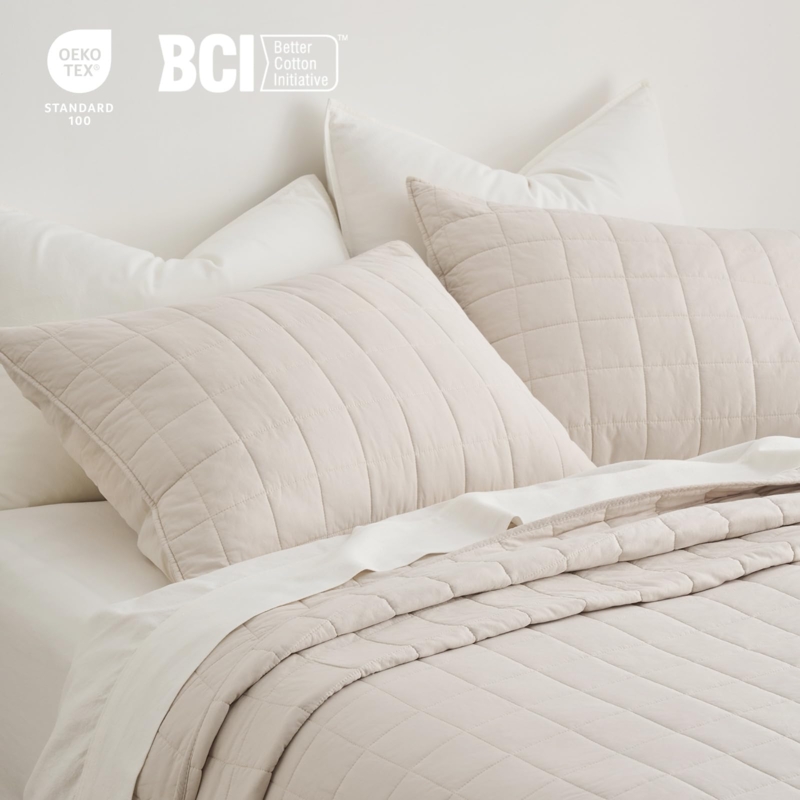 Quilt Set Cream Box Stitch Garment Washed Transitional Bedding