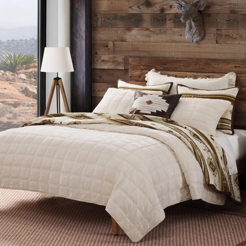 Quilt Set Cream Silk Velvet Box Stitch Lustrous Western Rustic