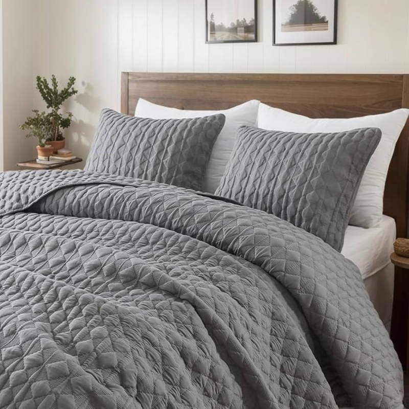 Quilt Set Dark Grey Small Scale Box Quilting Modern Minimalist Bedding