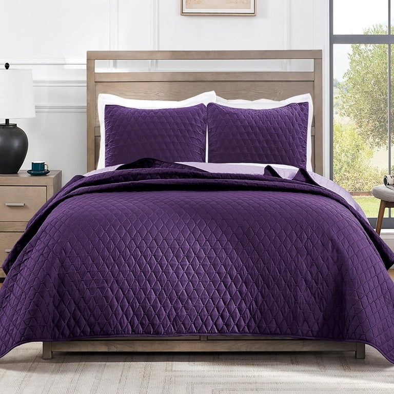 Quilt Set Deep Purple Intricate Medallion Stitching Textured Moody