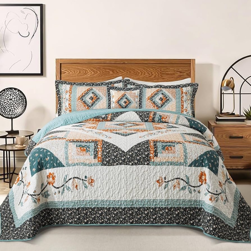Quilt Set Garden Style Floral Bedding Blue Orange Cottagecore