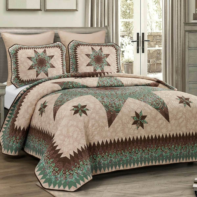 Quilt Set Oversized Star Motif Teal Accent Color Southwestern Rustic