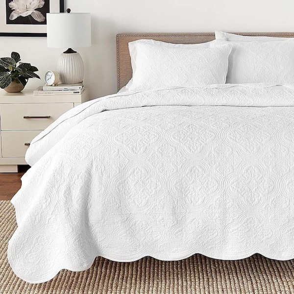 Quilt Set Pure White Scalloped Edge Matelasse Texture Traditional Hotel