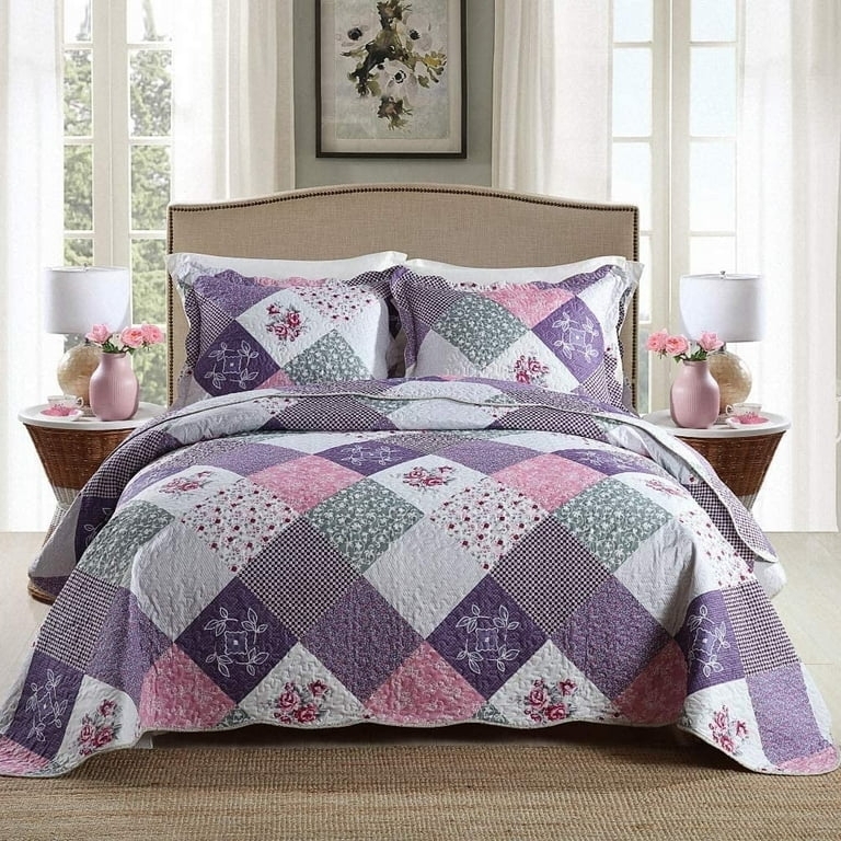 Quilt Set Purple Floral Patchwork Reversible Cottage Style Bedding