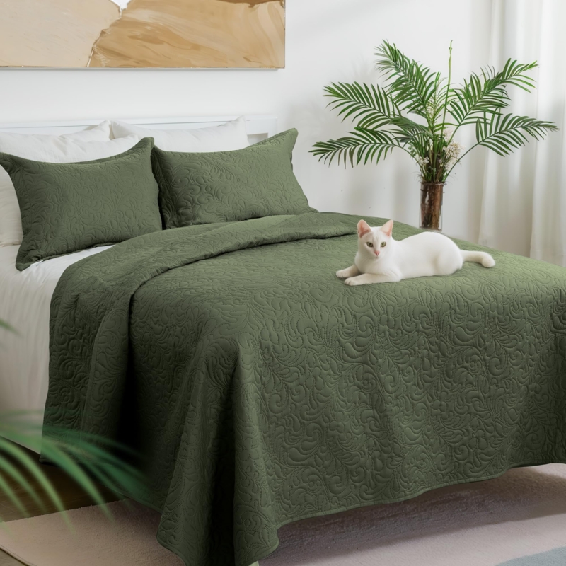 Quilt Set Square Quilted Stitching Olive Green Minimalist Bedding