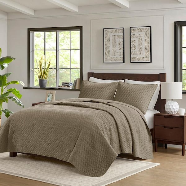 Quilt Set Taupe Square Stitching Cotton Bedspread Styling Decor