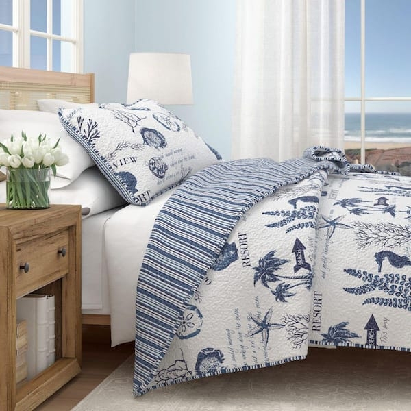 Quilt Set: Twin Size, Navy Maritime Illustrations, Coastal Theme