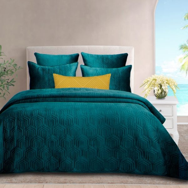 Quilt Set, Velvet with Hexagon Geometric Quilting, Coastal.