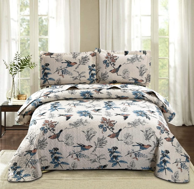 Quilt Set White Sage Botanical Floral Print Microfiber Cottagecore