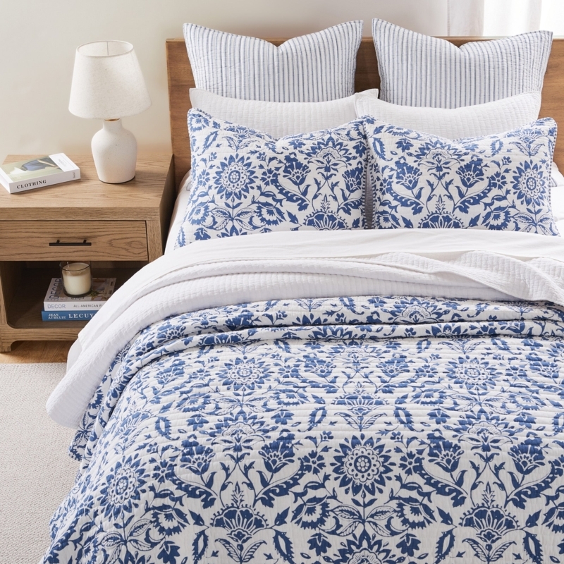 Quilt Set with Intricate Mandala Motifs in Coastal Blue