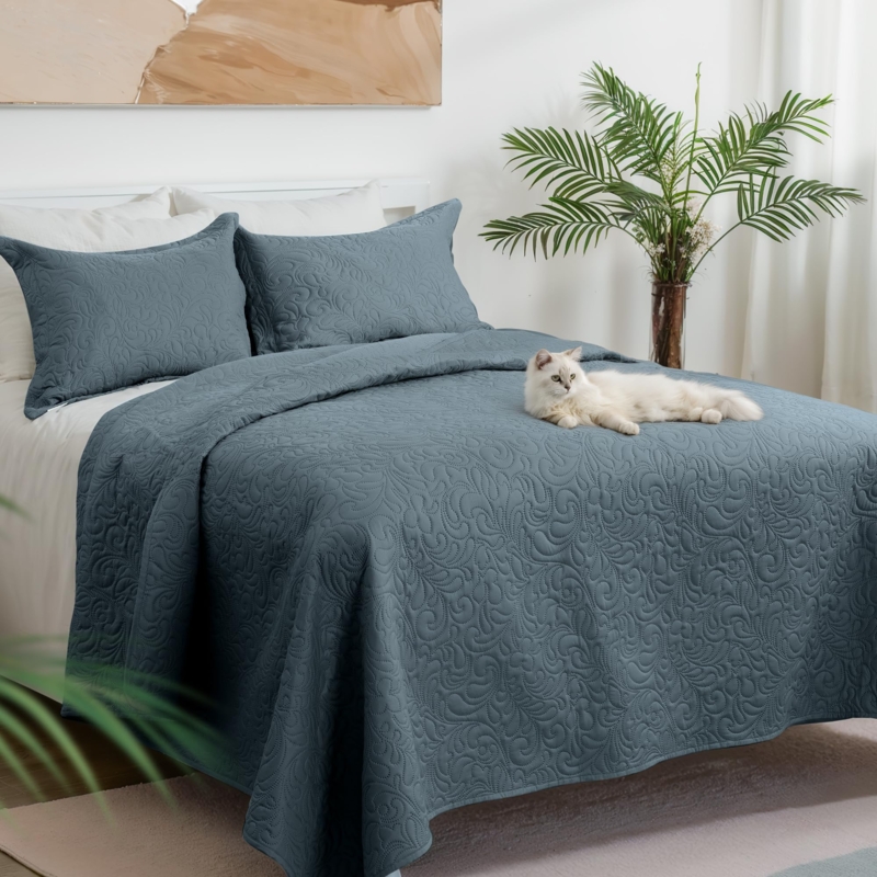 Quilt Slate Blue Geometric Quilted Box Stitch Modern Farmhouse