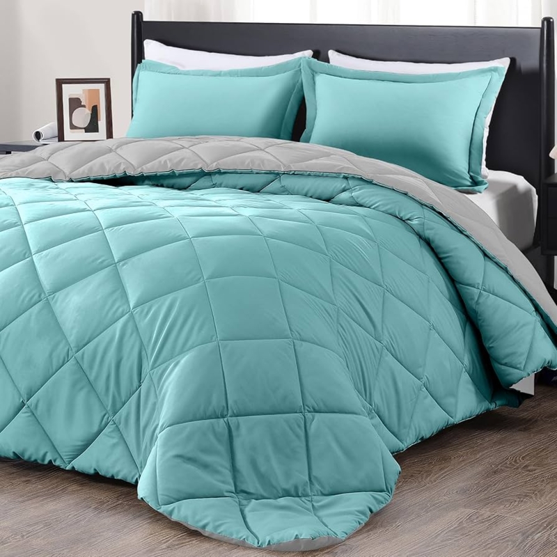 Quilted Comforter Set, Box Stitch Design, Turquoise and Grey Palette