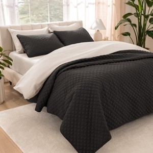 Quilted Coverlet Black Square Pattern Oversized Matte Finish
