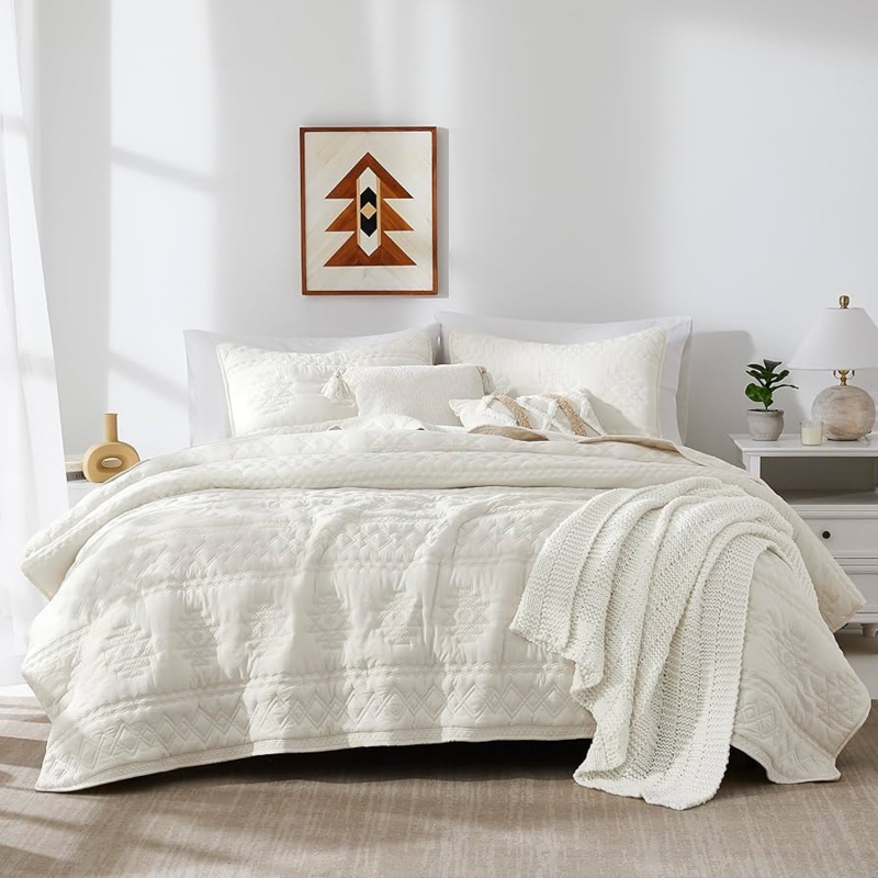 Raised Geometric Tufting Quilt Set Ivory Boho Farmhouse Bedding